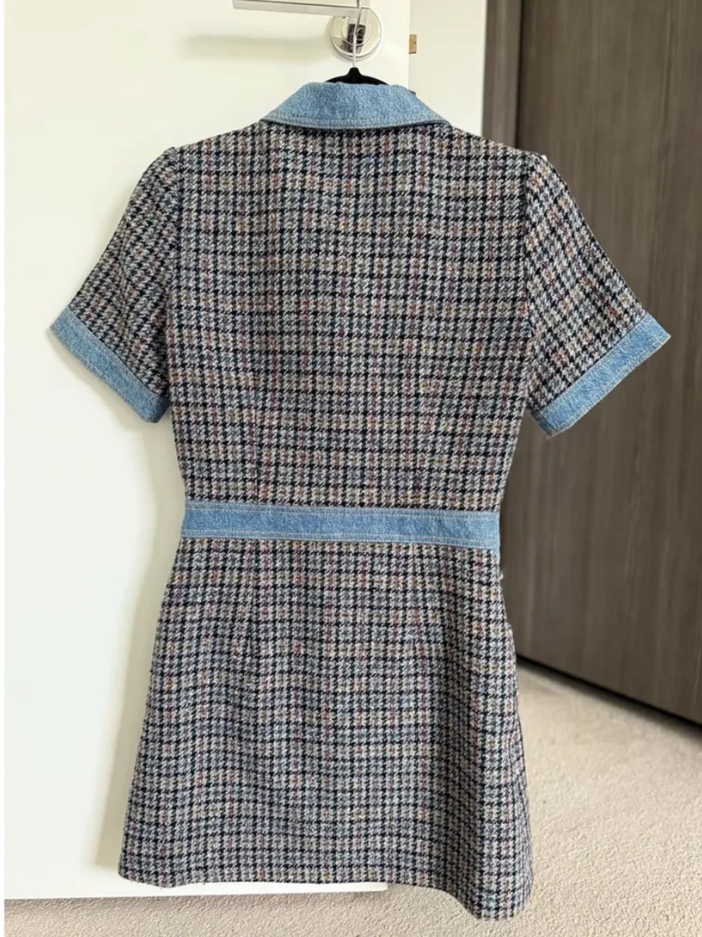 Sandro Check Mary Mini Dress with Blue Denim Trim *LIKE NEW* Size 34 - Picture 2 of 4